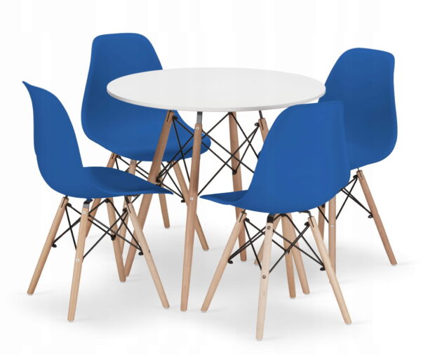 Zestaw stół okrągły TODI 80 cm biały + 4 krzesła OSAKA 81x46x54 cm niebieskie