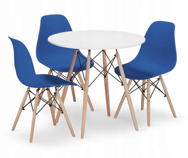 Zestaw stół okrągły TODI 80 cm biały + 3 krzesła OSAKA 81x46x54 cm niebieskie