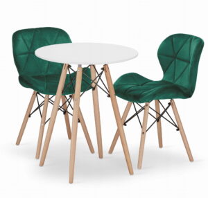 Zestaw stół okrągły TODI 60 cm biały + 2 krzesła LAGO 74x48x52 cm zielone