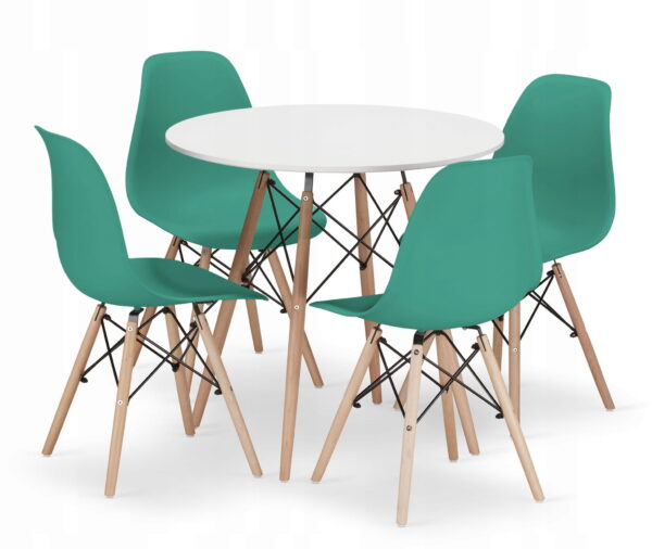 Zestaw stół okrągły TODI 80 cm biały + 4 krzesła OSAKA 81x46x54 cm zielone
