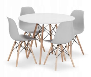 Zestaw stół okrągły TODI 100 cm biały + 4 krzesła OSAKA 81x46x54 cm szare